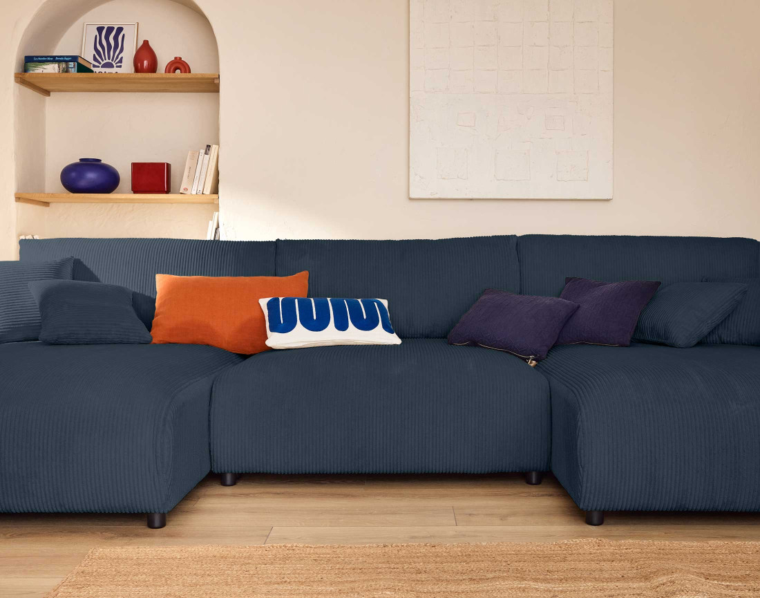 Canapé panoramique en U 7 places convertible avec coffre en velours côtelé Pivoine