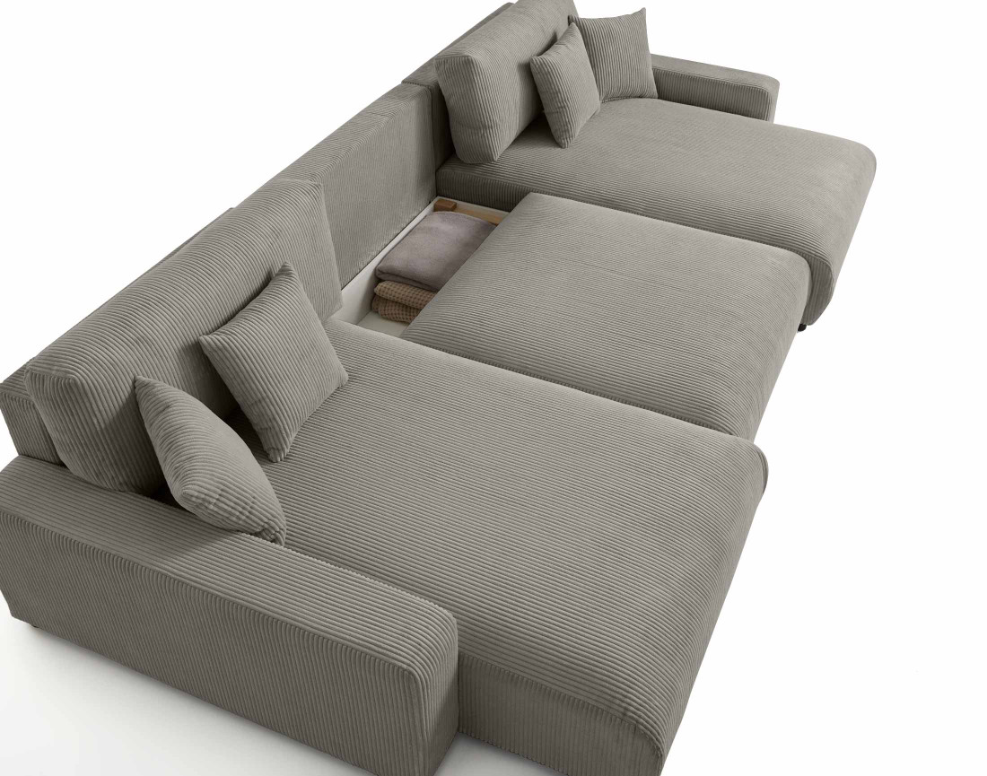 Canapé panoramique en U 7 places convertible avec coffre en velours côtelé Pivoine