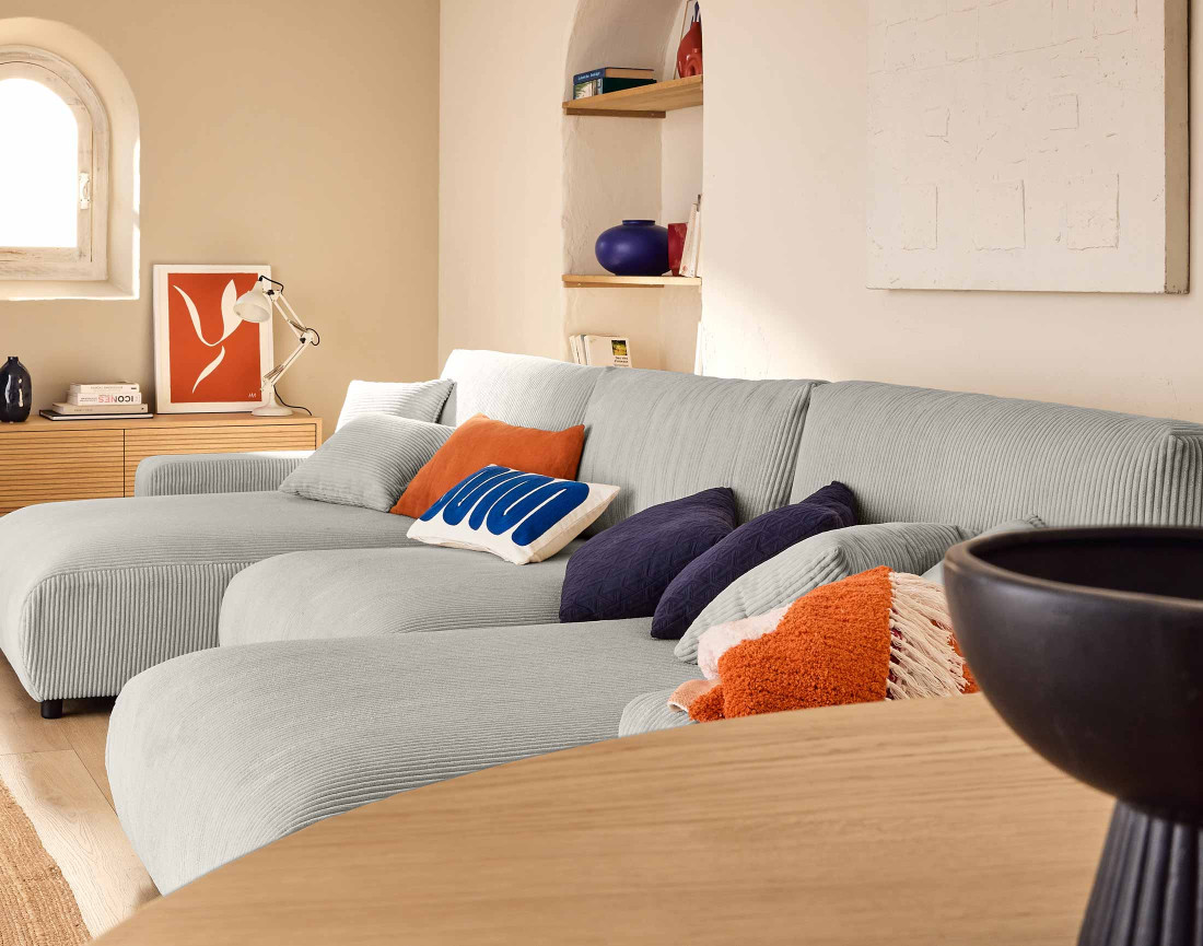 Canapé panoramique en U 7 places convertible avec coffre en velours côtelé Pivoine