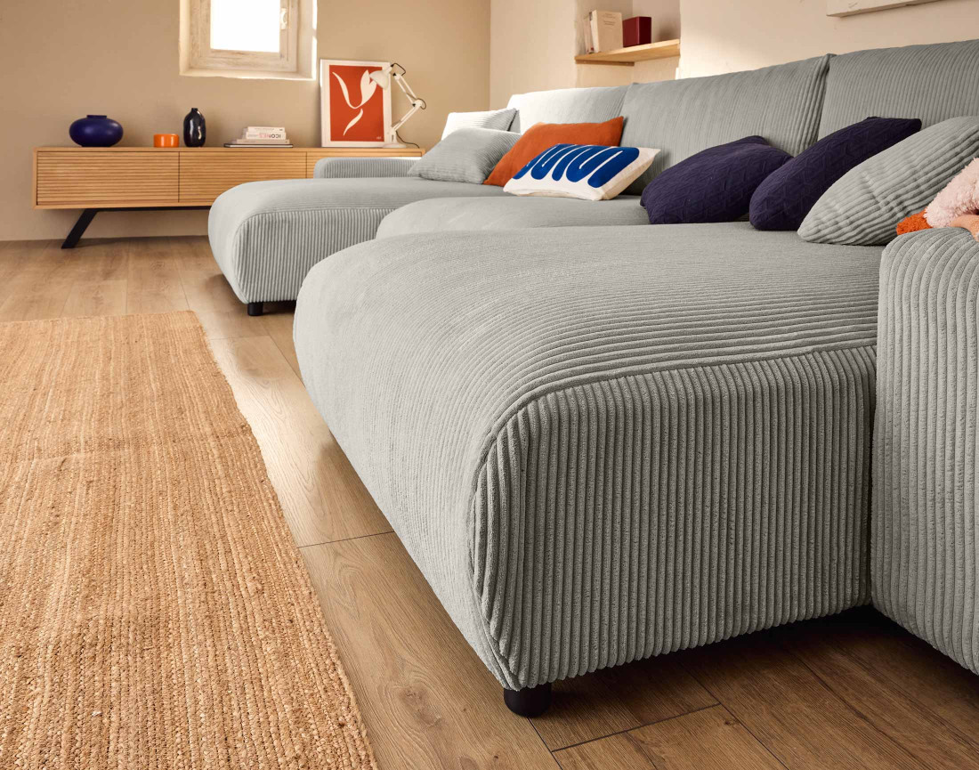 Canapé panoramique en U 7 places convertible avec coffre en velours côtelé Pivoine