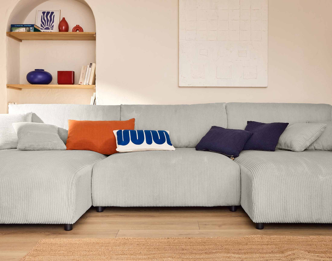 Canapé panoramique en U 7 places convertible avec coffre en velours côtelé Pivoine