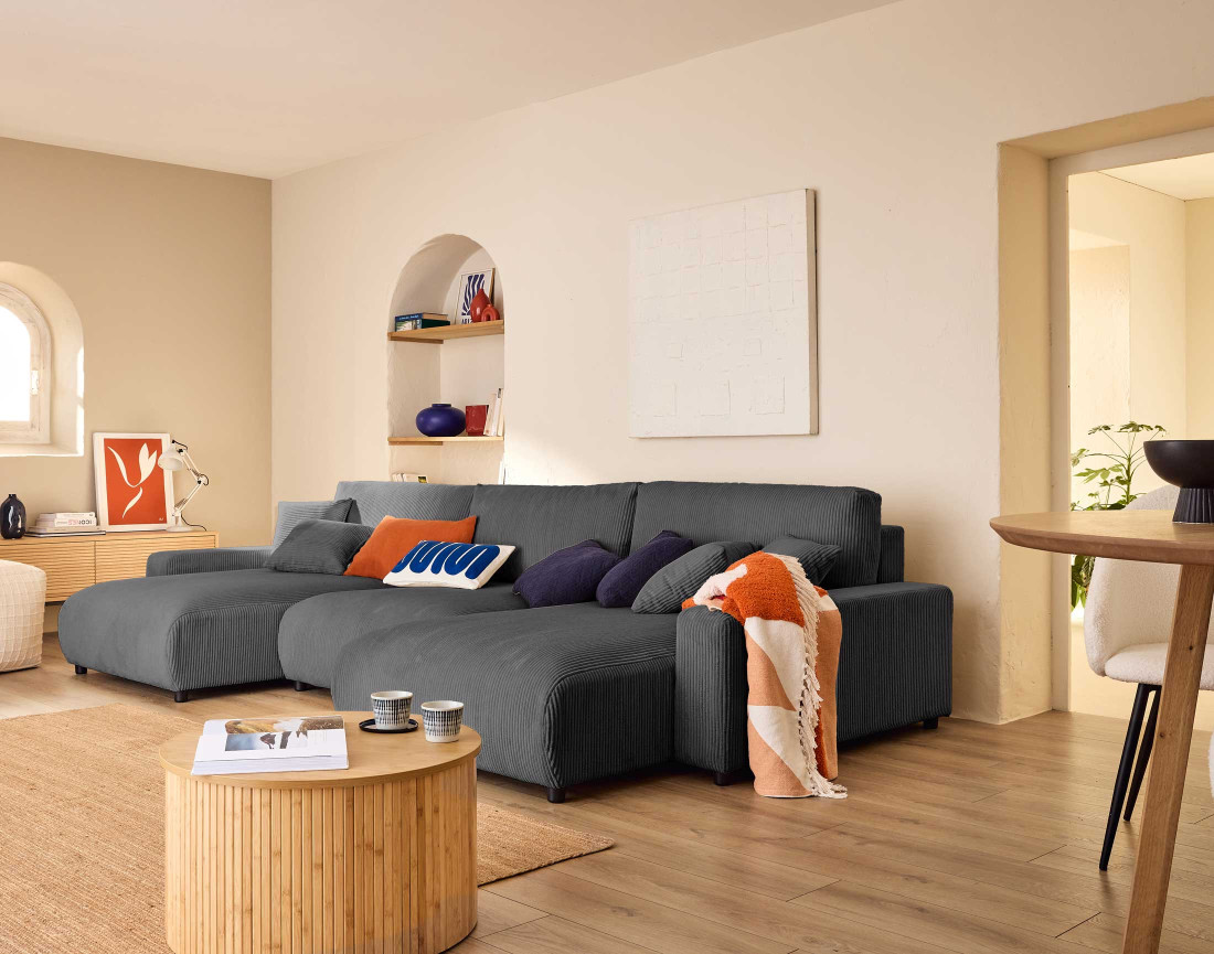 Canapé panoramique en U 7 places convertible avec coffre en velours côtelé Pivoine