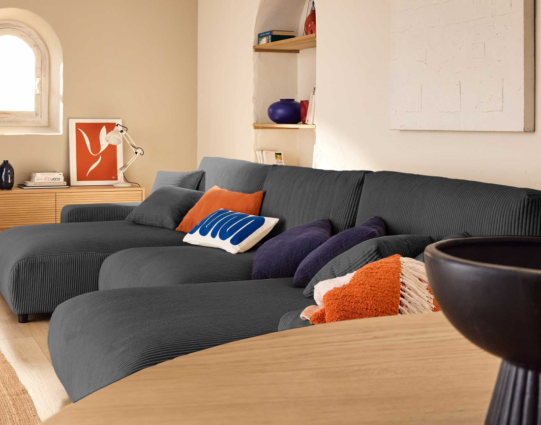 Canapé panoramique en U 7 places convertible avec coffre en velours côtelé Pivoine