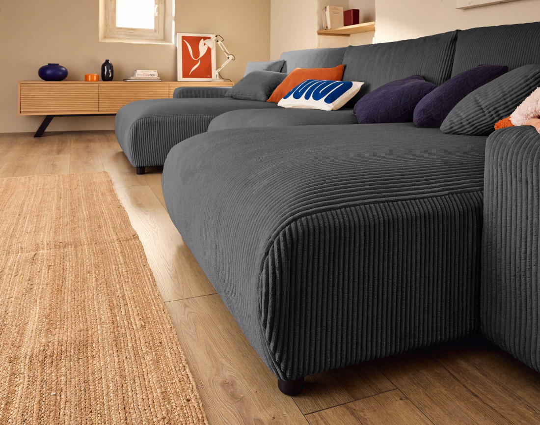 Canapé panoramique en U 7 places convertible avec coffre en velours côtelé Pivoine