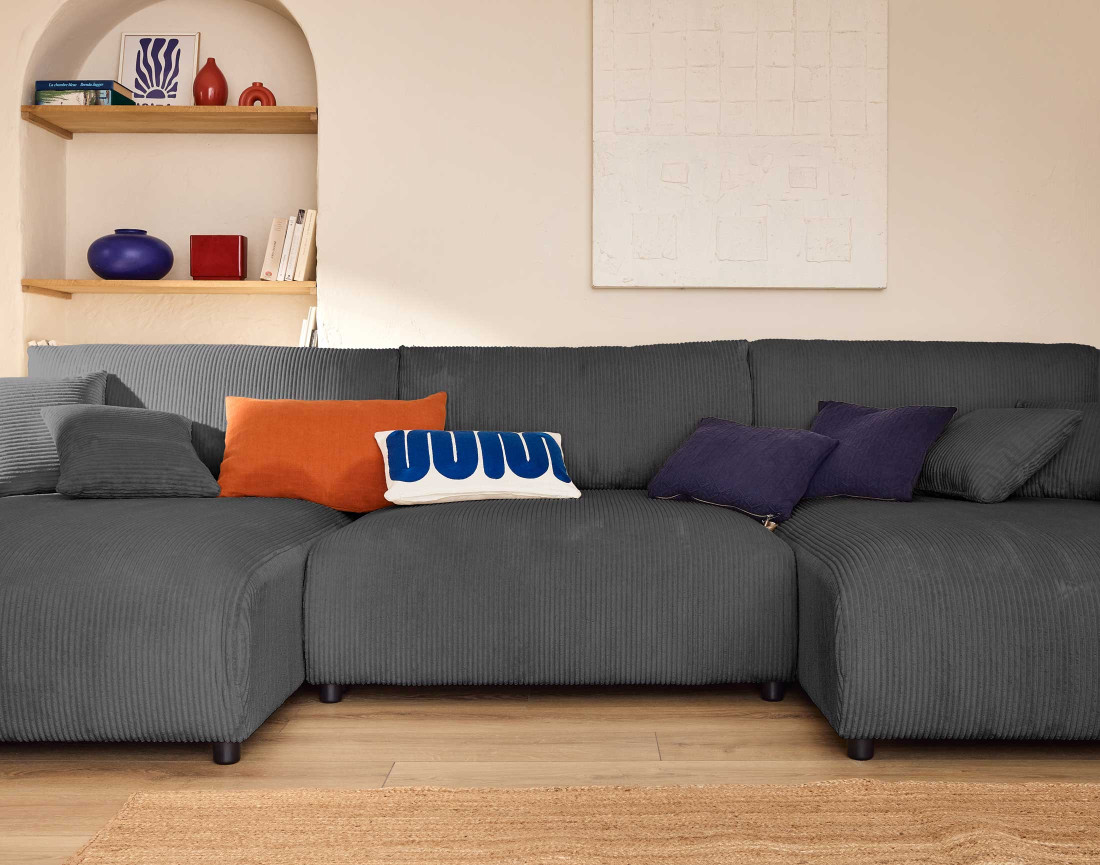 Canapé panoramique en U 7 places convertible avec coffre en velours côtelé Pivoine