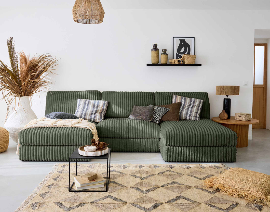 Canapé panoramique modulable en fausse fourrure côtelée