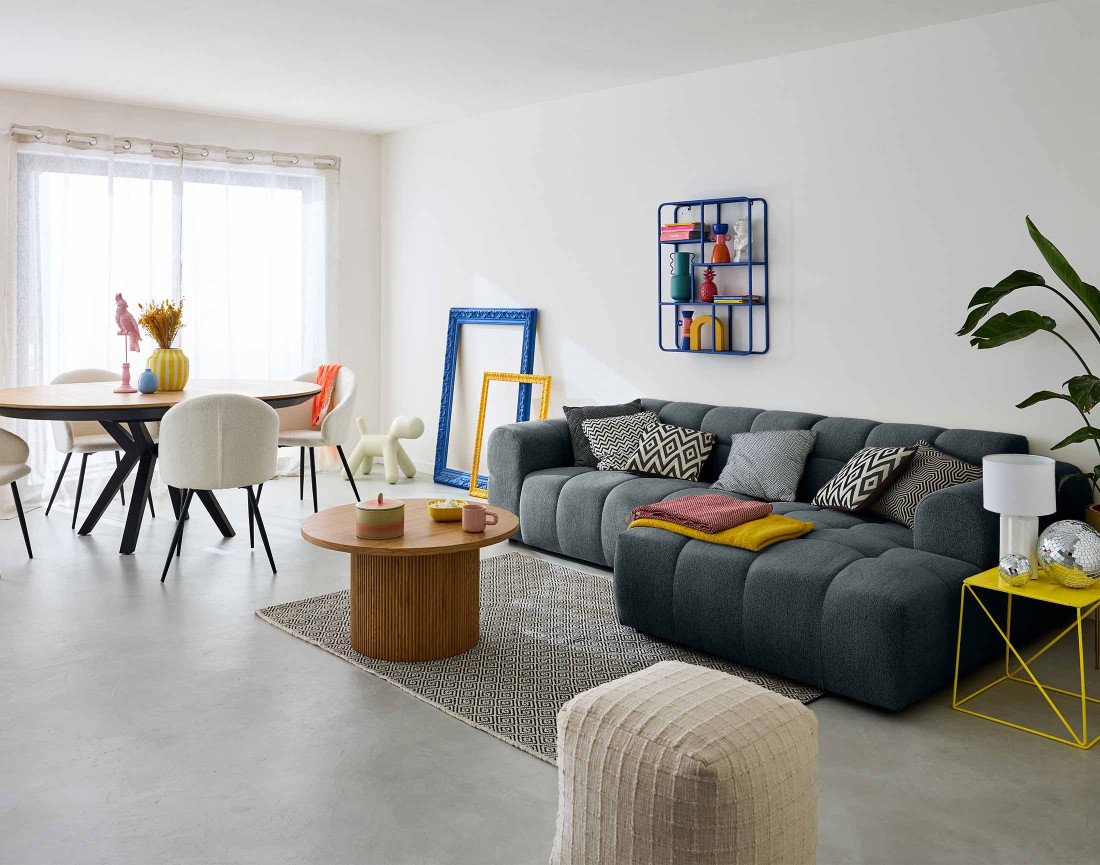 Canapé d'angle droit 4 places en tissu texturé Ray