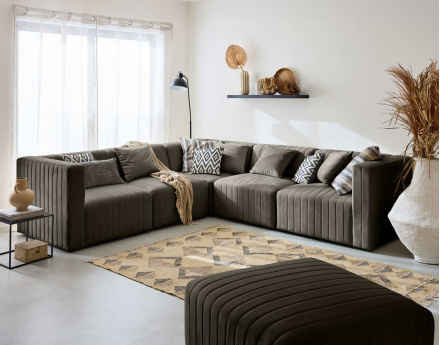 Canapé modulable d'angle réversible 6 places avec pouf d'appoint en velours Nova