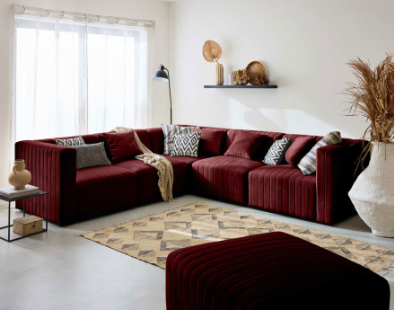 Canapé modulable d'angle réversible 6 places avec pouf d'appoint en velours Nova