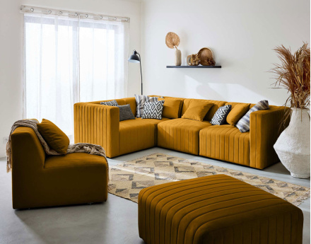 Canapé modulable d'angle réversible 6 places avec pouf d'appoint en velours Nova