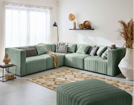 Canapé modulable d'angle réversible 6 places avec pouf d'appoint en velours Nova