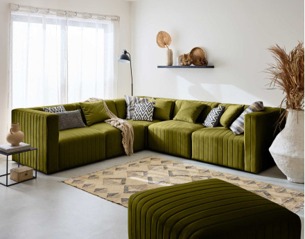 Canapé modulable d'angle réversible 6 places avec pouf d'appoint en velours Nova