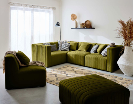 Canapé modulable d'angle réversible 6 places avec pouf d'appoint en velours Nova