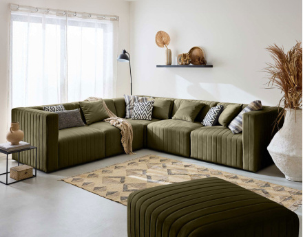Canapé modulable d'angle réversible 6 places avec pouf d'appoint en velours Nova