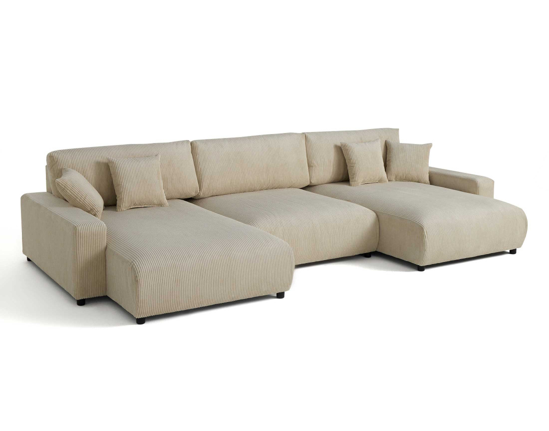 Canapé panoramique en U 7 places convertible avec coffre en velours côtelé Pivoine