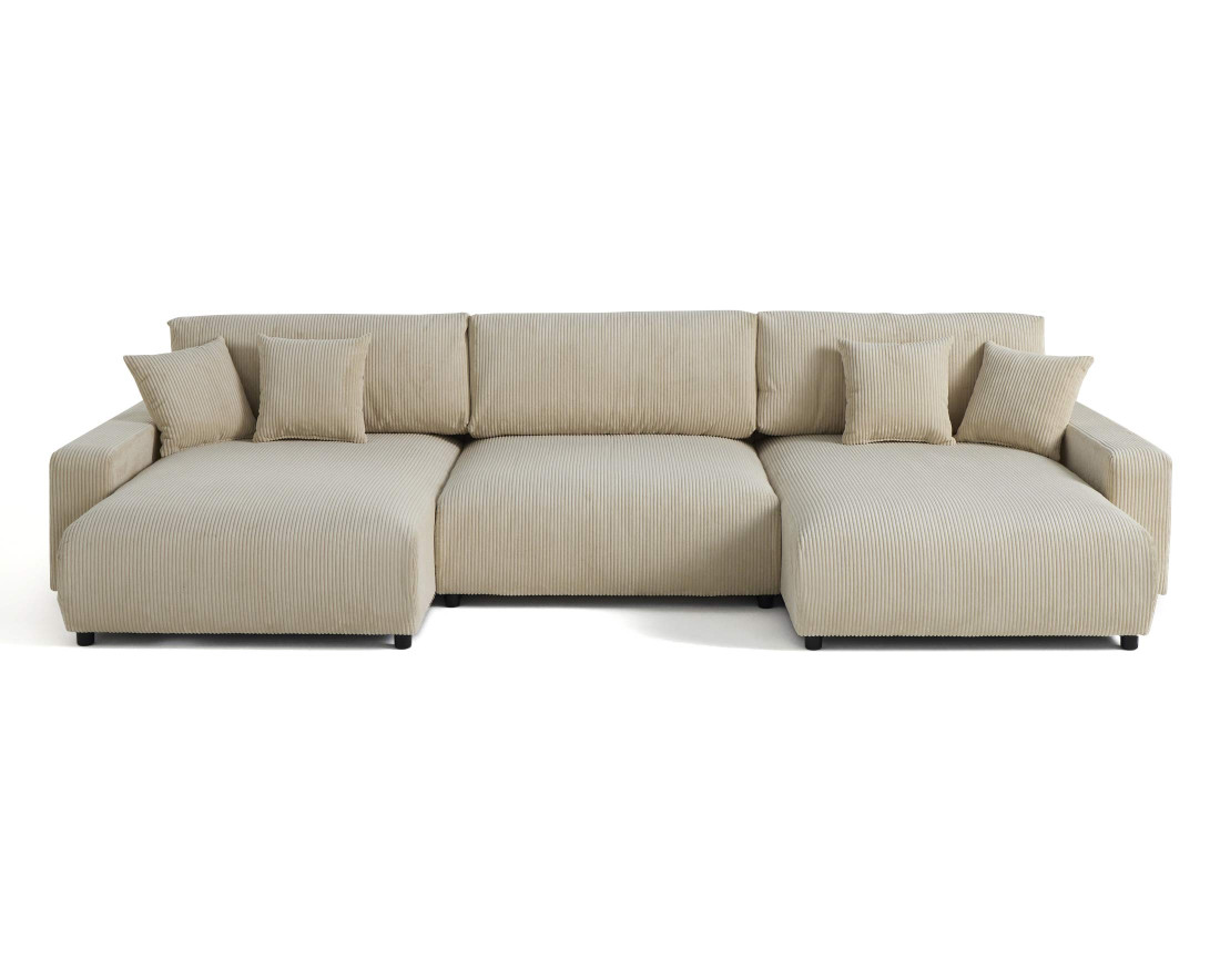Canapé panoramique en U 7 places convertible avec coffre en velours côtelé Pivoine