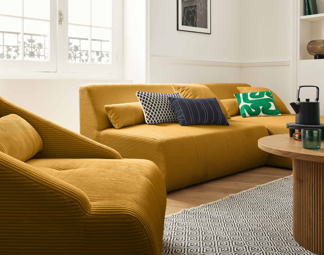 Canapé modulable d'angle réversible 4 places en velours côtelé Onyx