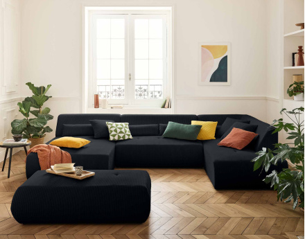 Canapé panoramique d'angle droit 7 places en velours côtelé Onyx