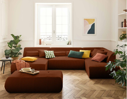 Canapé panoramique d'angle droit 7 places en velours côtelé Onyx