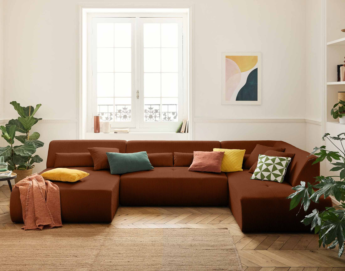 Canapé panoramique d'angle droit 7 places en velours côtelé Onyx