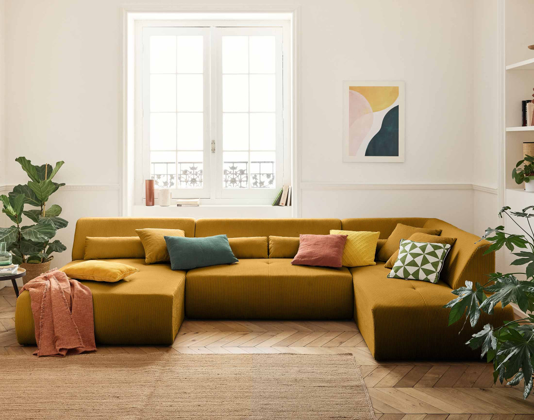 Canapé panoramique d'angle droit 7 places en velours côtelé Onyx