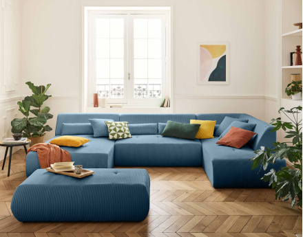 Canapé panoramique d'angle droit 7 places en velours côtelé Onyx