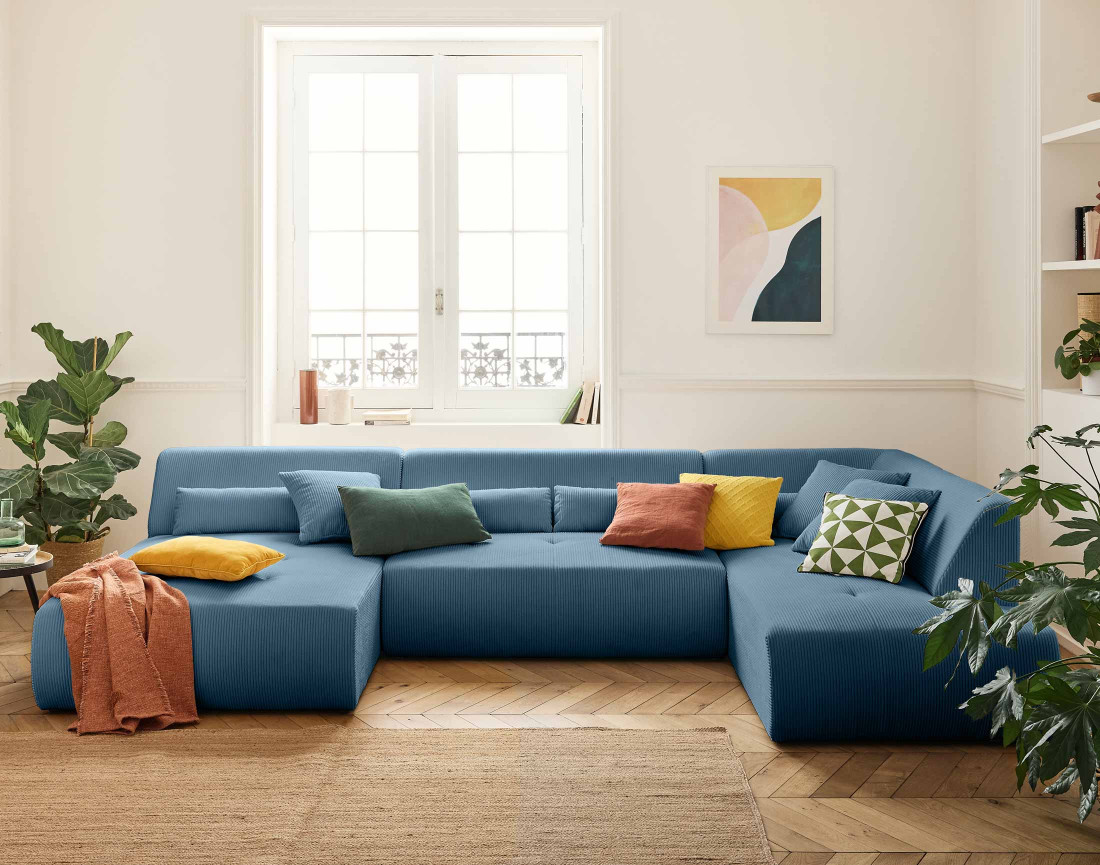 Canapé panoramique d'angle droit 7 places en velours côtelé Onyx