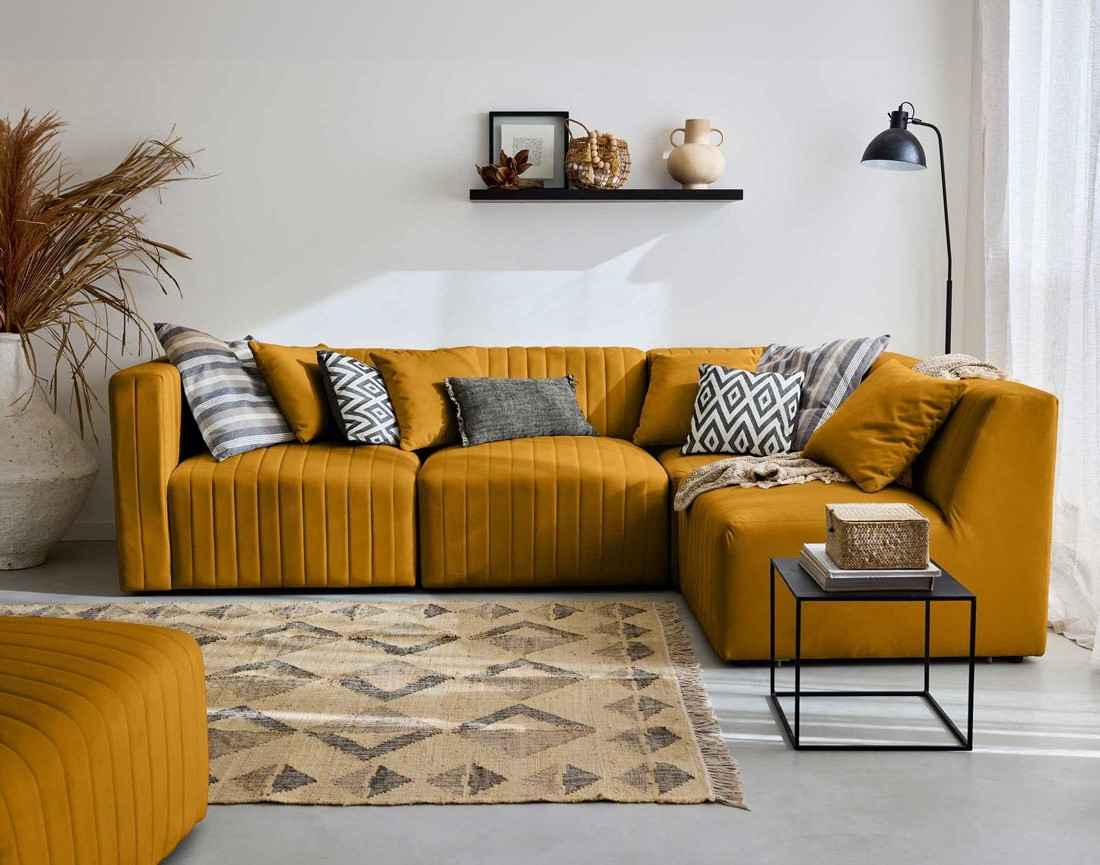 Canapé modulable d'angle droit 5 places avec pouf d'appoint en velours Nova