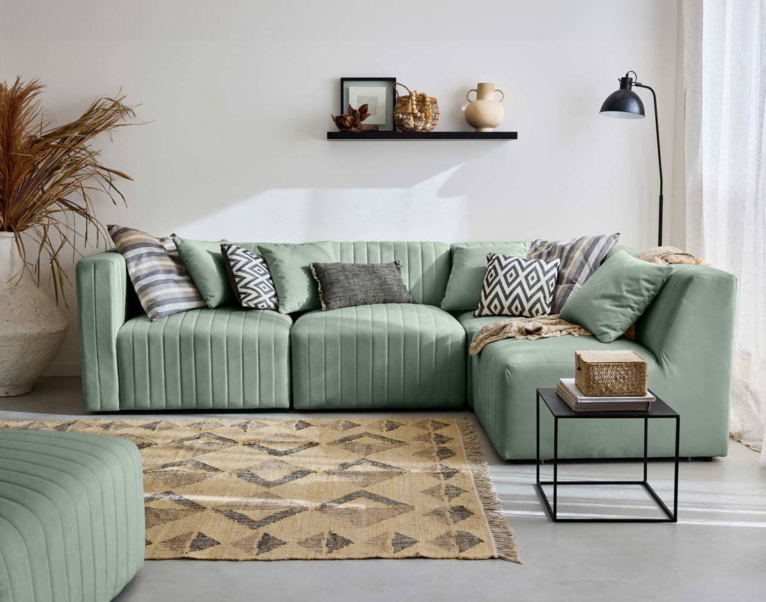 Canapé modulable d'angle droit 5 places avec pouf d'appoint en velours Nova