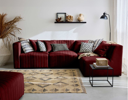 Canapé modulable d'angle droit 5 places avec pouf d'appoint en velours Nova