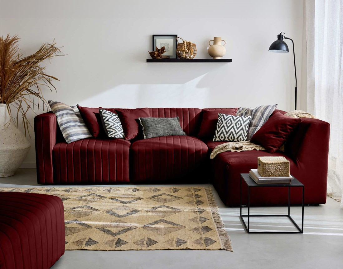 Canapé modulable d'angle droit 5 places avec pouf d'appoint en velours Nova