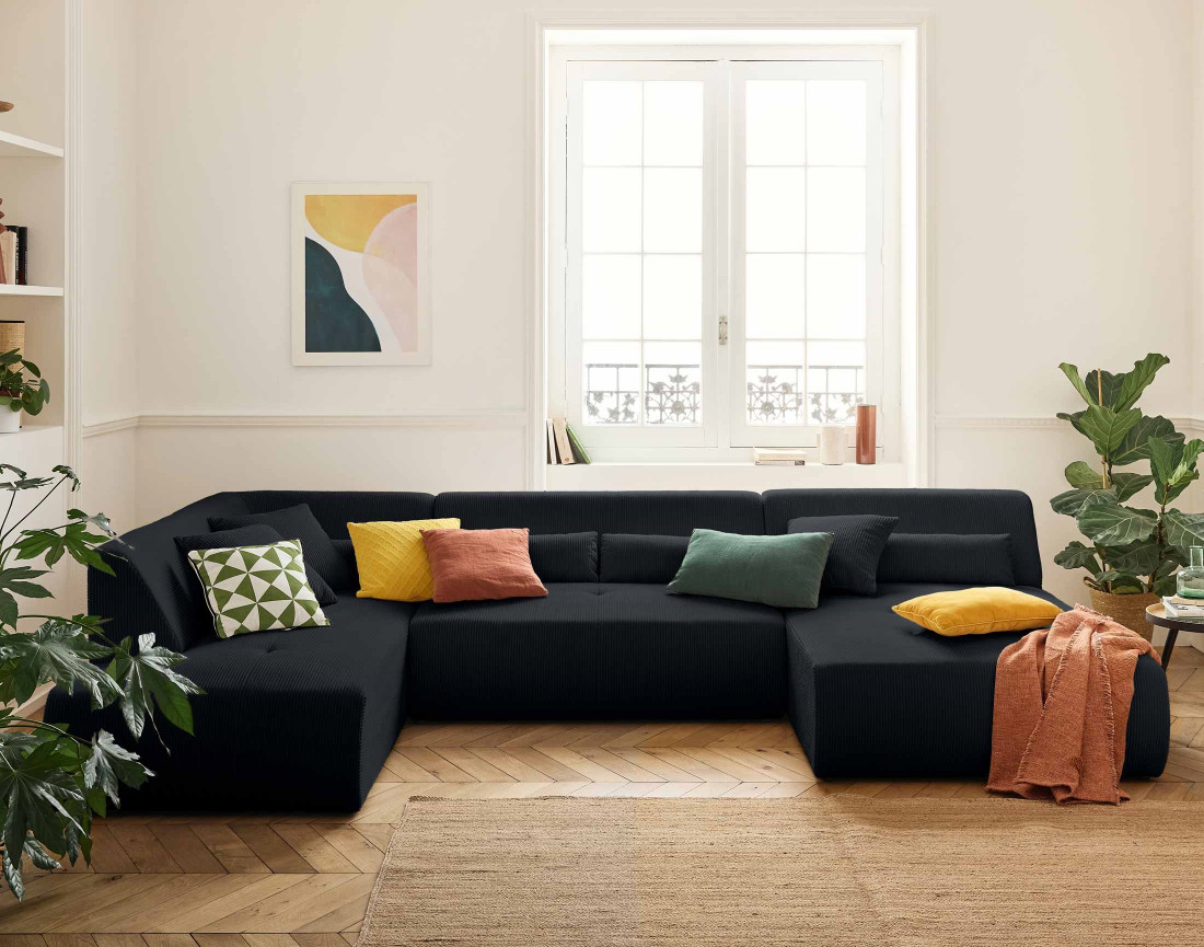 Canapé panoramique d'angle gauche 7 places en velours côtelé Onyx