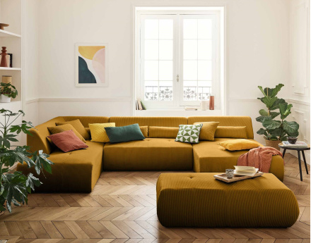 Canapé panoramique d'angle gauche 7 places en velours côtelé Onyx