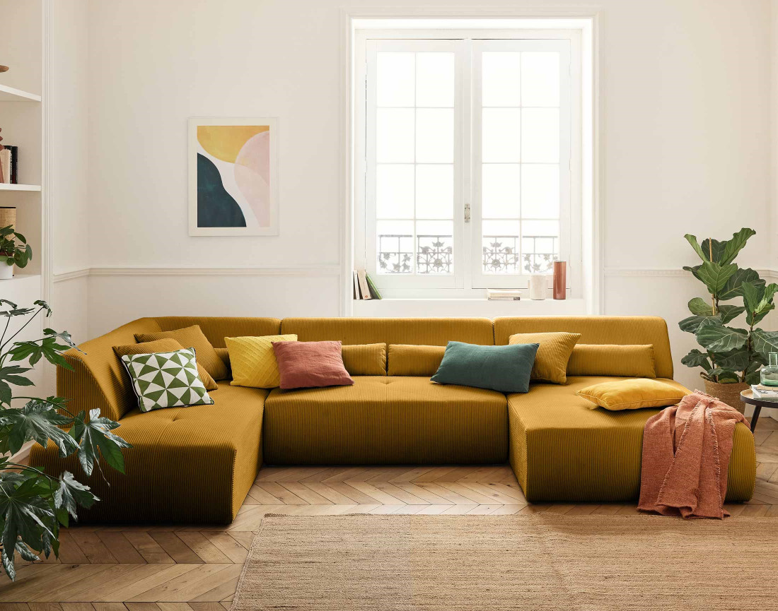 Canapé panoramique d'angle gauche 7 places en velours côtelé Onyx