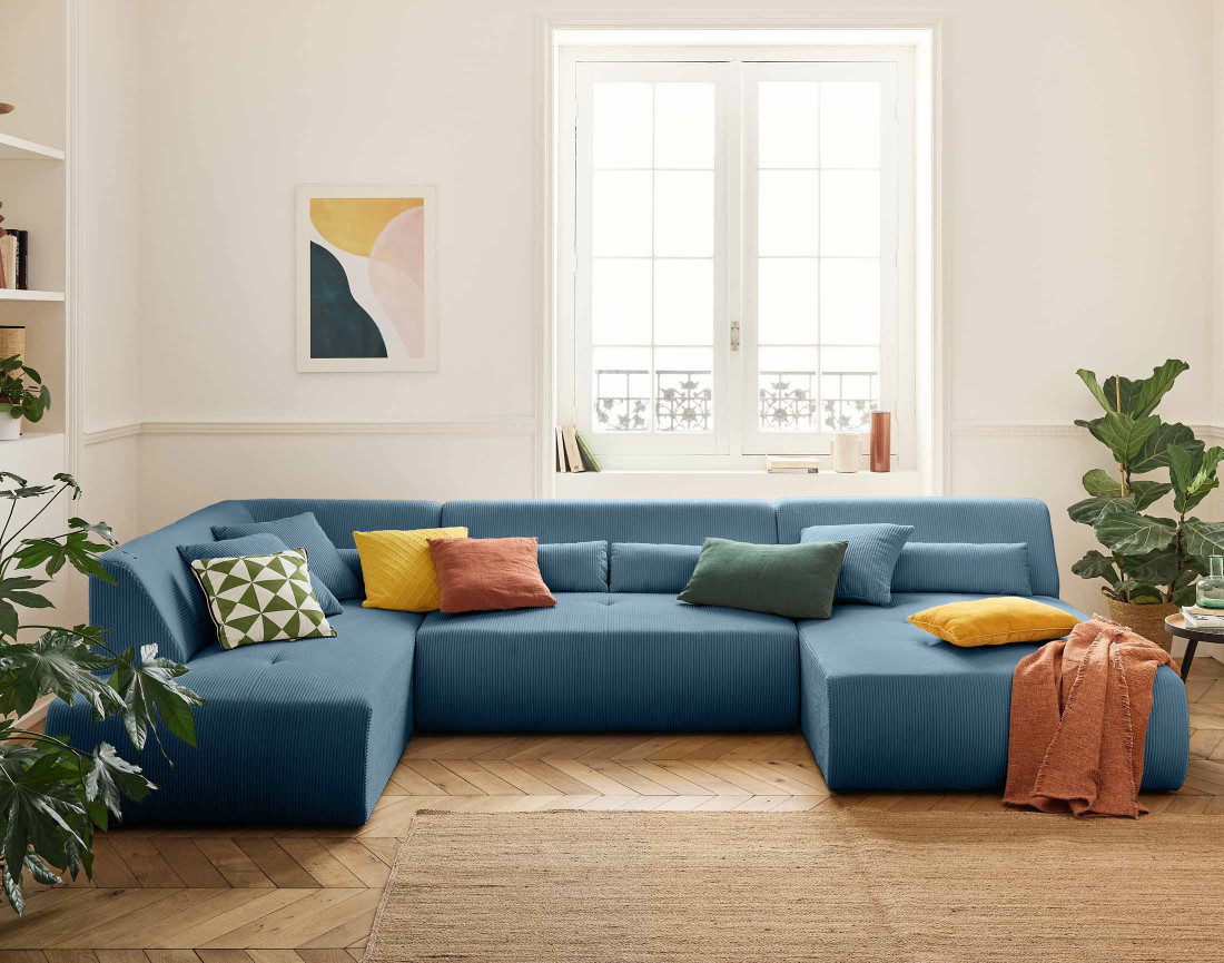 Canapé panoramique d'angle gauche 7 places en velours côtelé Onyx