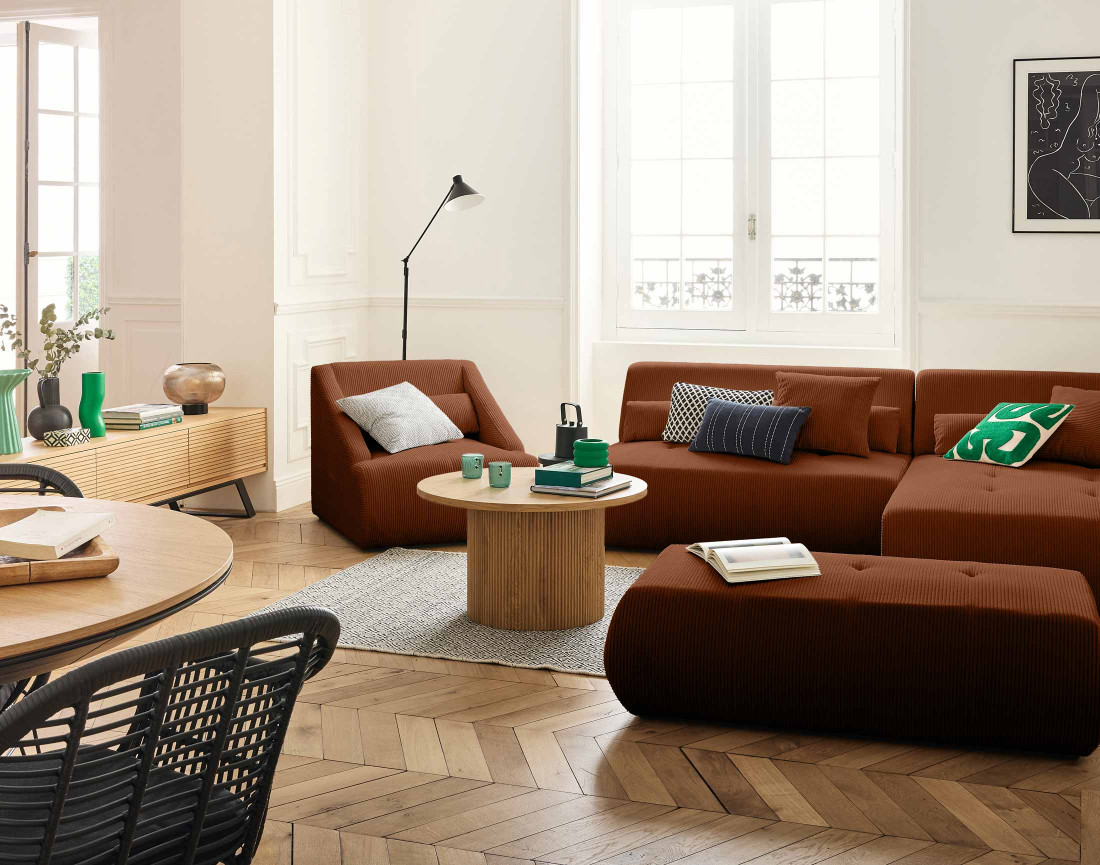 Canapé modulable d'angle droit 5 places en velours côtelé Onyx