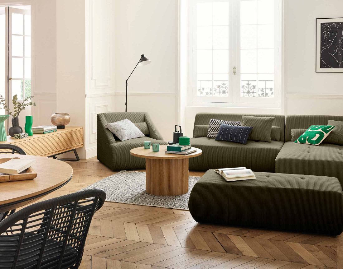 Canapé modulable d'angle droit 5 places en velours côtelé Onyx