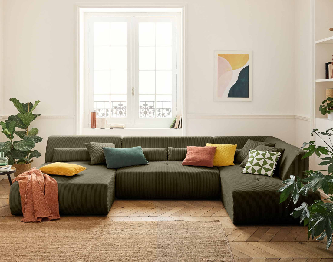 Canapé panoramique modulable d'angle droit 7 places en velours côtelé Onyx