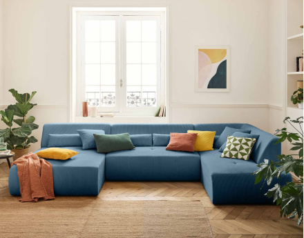 Canapé panoramique modulable d'angle droit 7 places en velours côtelé Onyx