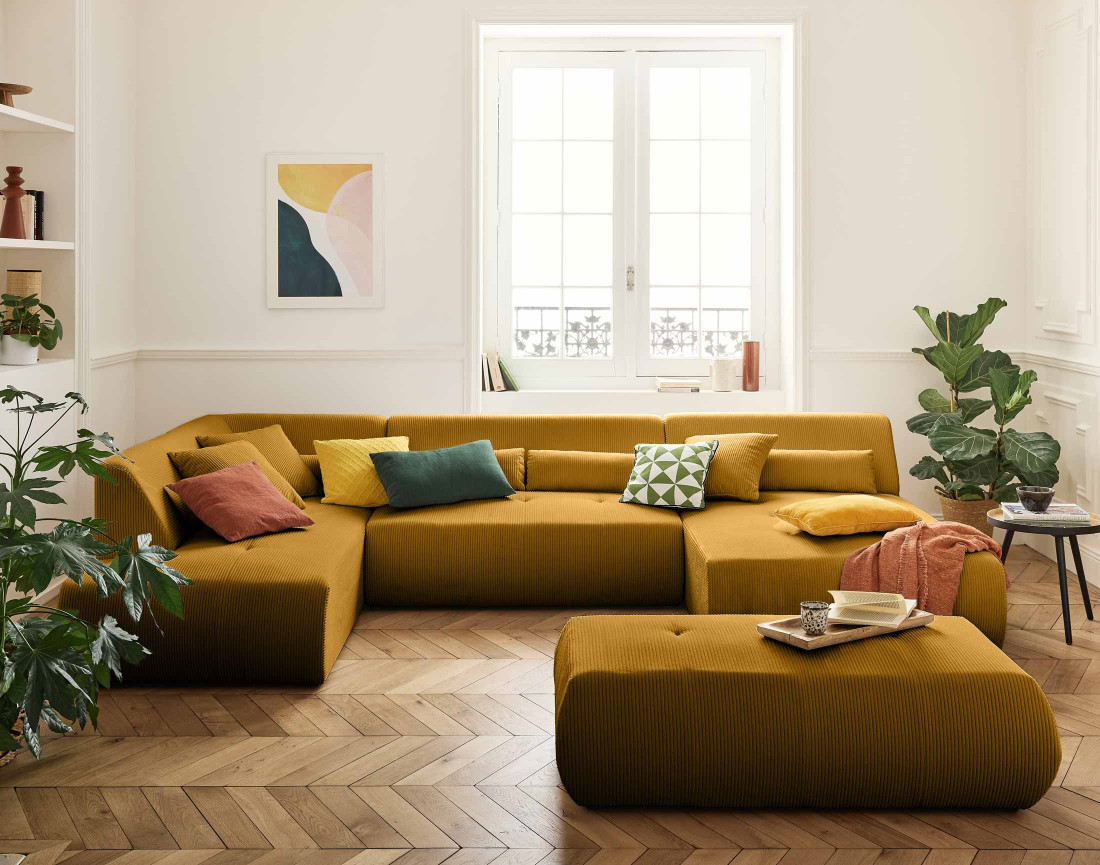 Canapé modulable d'angle gauche 7 places en velours côtelé Onyx