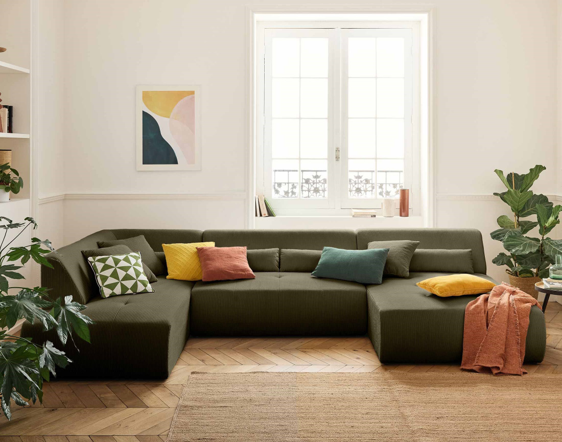 Canapé modulable d'angle gauche 7 places en velours côtelé Onyx