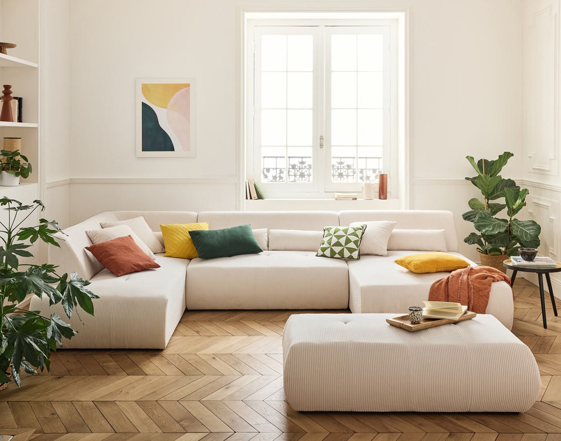 Canapé modulable d'angle gauche 7 places en velours côtelé Onyx