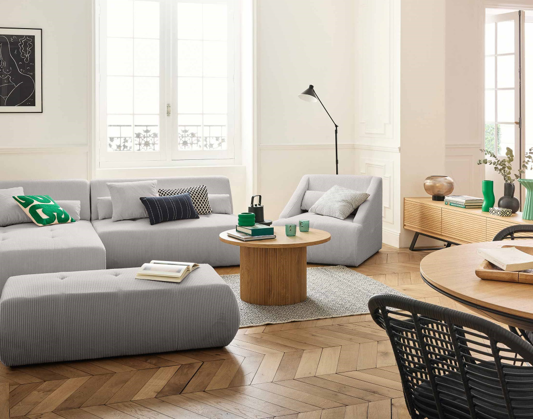 Canapé modulable d'angle gauche 5 places en velours côtelé Onyx