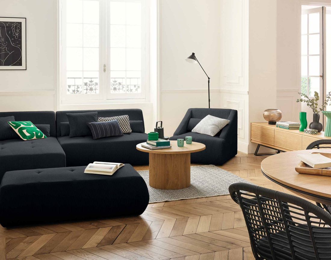 Canapé modulable d'angle gauche 5 places en velours côtelé Onyx