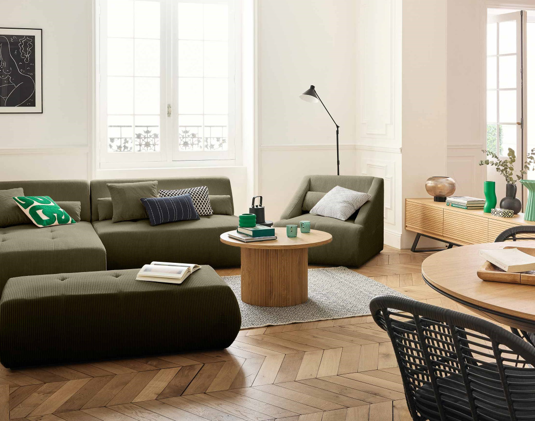 Canapé modulable d'angle gauche 5 places en velours côtelé Onyx