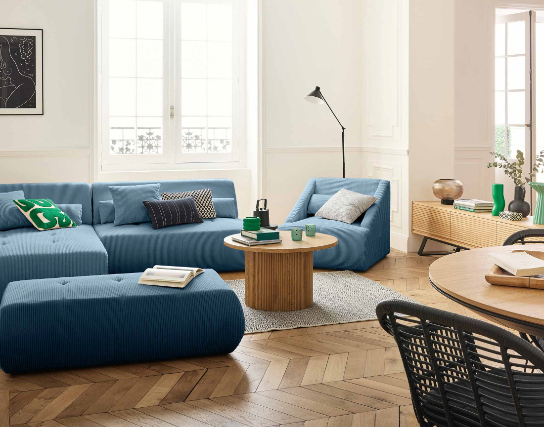 Canapé modulable d'angle gauche 5 places en velours côtelé Onyx