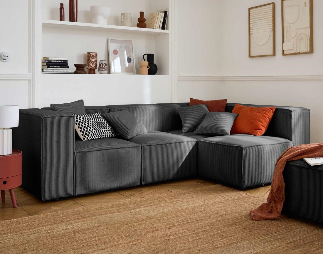 Canapé modulable d'angle droit 4 places en velours côtelé Arty