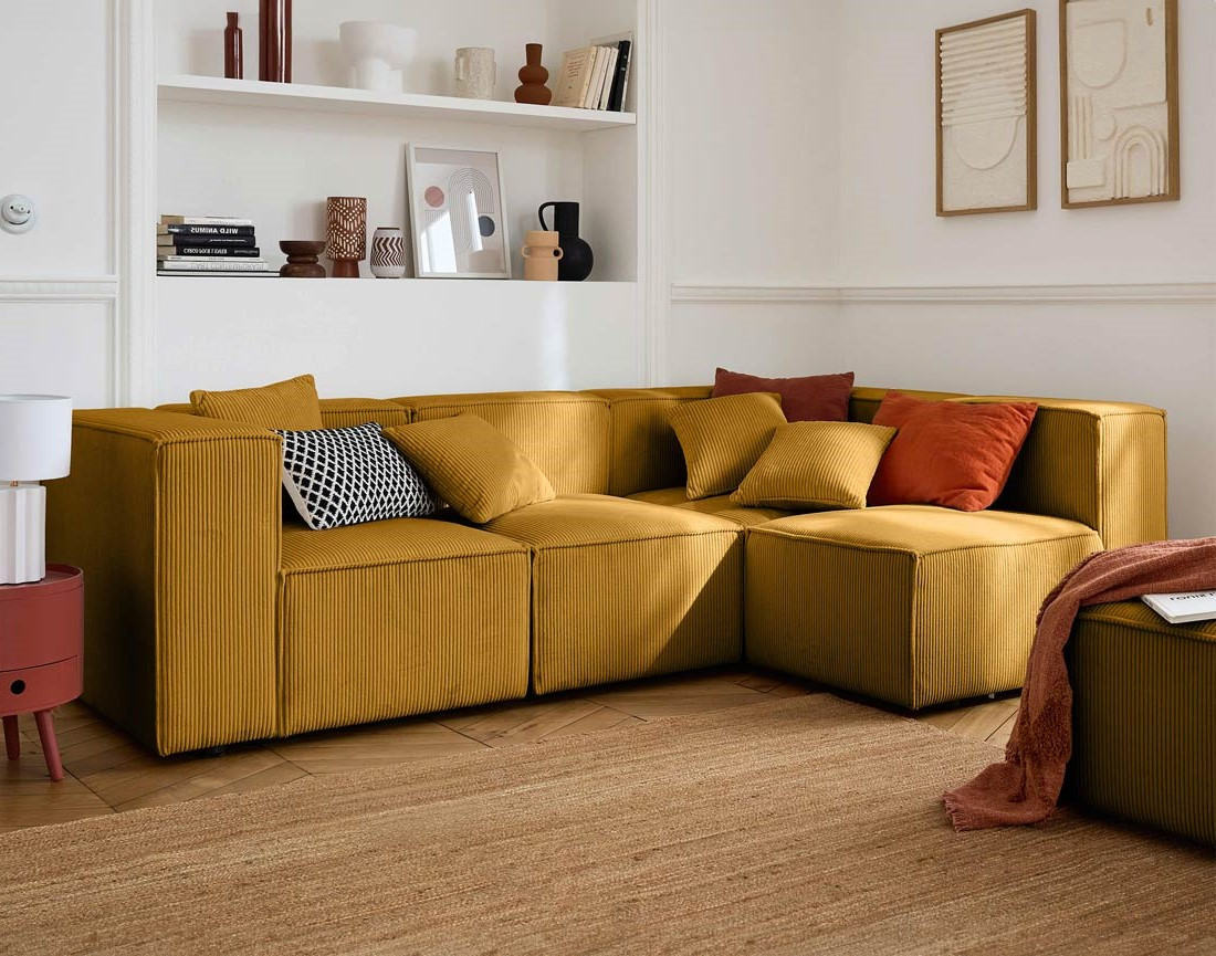 Canapé modulable d'angle droit 4 places en velours côtelé Arty
