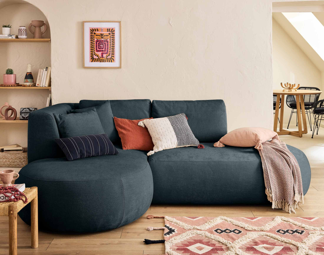 Canapé modulable d'angle gauche 4 places avec pouf en tissu texturé Santorini