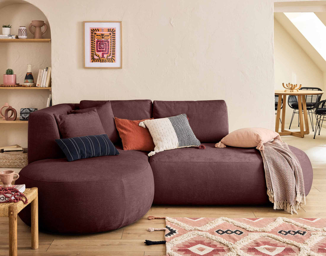 Canapé modulable d'angle gauche 4 places avec pouf en tissu texturé Santorini